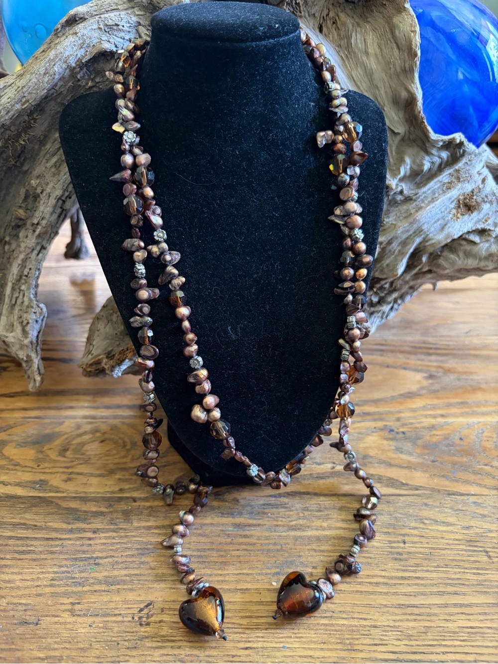 Handcrafted Brown Keshi Pearl Lariat Necklace with Heart Pendants